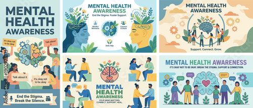 Vector set of mental health awareness scenes with people talking and brains growing flowers. Diverse supportive community theme with gears and plants. Mental health poster and banner design package