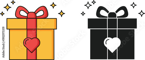 Gift box icon set illustration with heart symbol, colorful and black versions, representing love, surprise, celebration, reward, special offer, and modern flat design concept