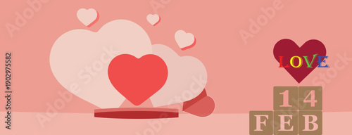 Valentine's Day Vector Background with Pink Hearts and Wooden Calendar Blocks Showing 14 Feb and Love Text for Romantic Greeting Card or Banner Design Concept Illustration
