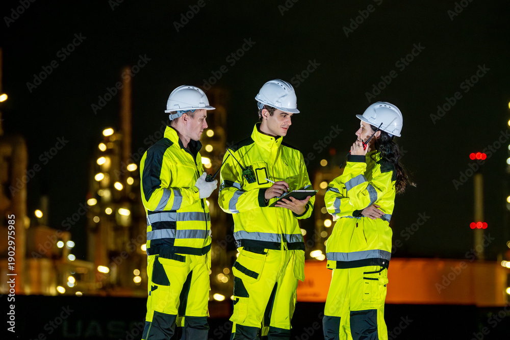 Fototapeta premium Petrochemical industry night engineer teamwork working on laptop Team of Petroleum in Glowing Workwear Collaborating oil refinery plant construction site at night