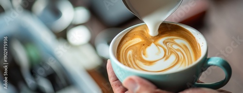 Tableau sur toile Barista Training Practice Pouring Milk for Latte Art in Workshop Setting, Showing Focused Hand Movement and Technique Pouring Milk into Latte Cup Creating Heart Shaped with Soft Depth of Field