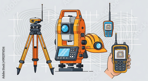 Surveying equipment with theodolite radio and walkie talkie on tripod and in hand on blueprint background for construction site