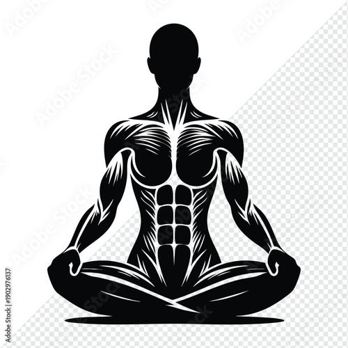 Silhouette of a muscular human body in a yoga pose representing fitness and meditation perfect for health and wellness concepts isolated on white background