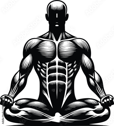 illustration of a muscular man meditating in a lotus pose detailed muscle structure in a bold graphic style representing fitness and wellness isolated on white background