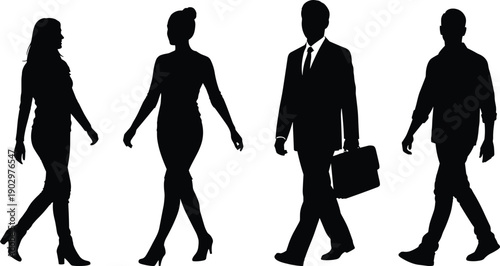 Business people walking silhouette set showing men and women in professional attire illustrating corporate lifestyle, urban commuting, career movement, modern work culture, and office life concept