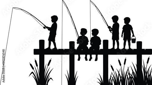 Children fishing silhouette on wooden pier showing kids enjoying outdoor family leisure, summer bonding, childhood memories, nature recreation, and peaceful lakeside activity