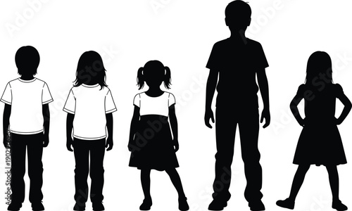 Children silhouette set showing boys and girls standing in different ages and sizes illustrating childhood growth, family life stages, education themes, and human development concept