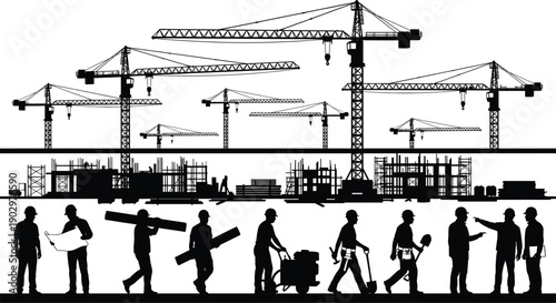 Construction site silhouette with multiple tower cranes and industrial workers illustrating large scale urban development, civil engineering teamwork, and modern infrastructure growth
