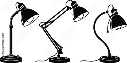 Desk lamp silhouette set featuring adjustable table lights in different positions illustrating modern office lighting, workspace equipment, minimalist design, and interior decor concept illustration