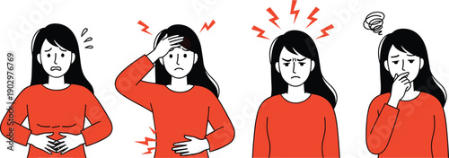 Woman experiencing pain, stress, headache, stomach ache, anxiety, and emotional discomfort illustration set showing health problems, mental stress symptoms, illness concept, and healthcare awareness