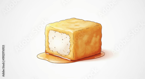A delectable illustration of a golden fried cube revealing a soft white center resting in a pool