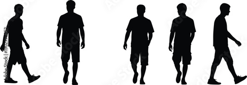 Man walking silhouette set showing casual male poses in different directions illustrating daily lifestyle, urban movement, people activity, anonymity, and modern human behavior concept
