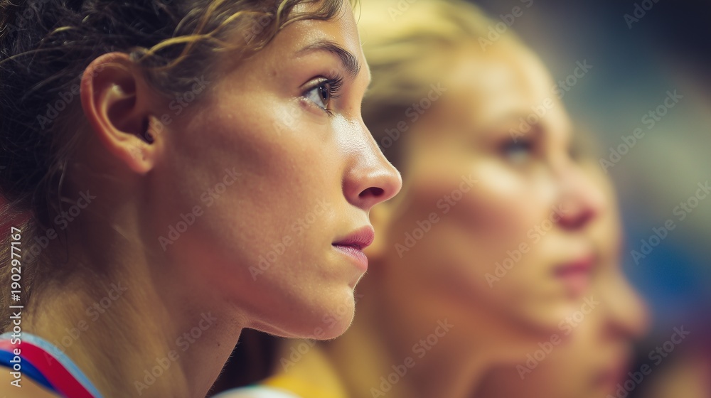 Obraz premium Profile view of athletes focused on competition in a sports event at a gymnasium during daytime training session