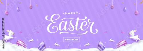 Cute Happy Easter Banner with 3D Rabbits and Purple Eggs