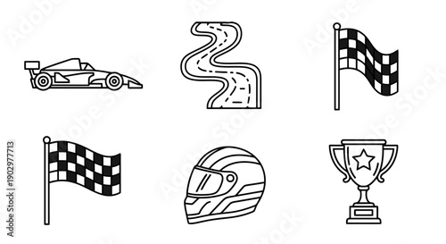 High-quality outline illustrations of motorsport essentials: formula car, curvy circuit, racing flags, safety helmet, and winner cup. Ideal for branding and editorial design.