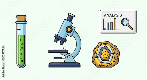 Science and Research Icons Microscope, Test Tube, Analysis Chart, and Crystal Specimen