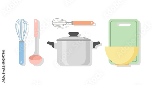 Kitchen utensils and cooking equipment arranged neatly on a clean surface for culinary preparation and meal cooking purposes.