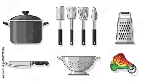 Assorted kitchen utensils and cooking tools displayed on a clean white background