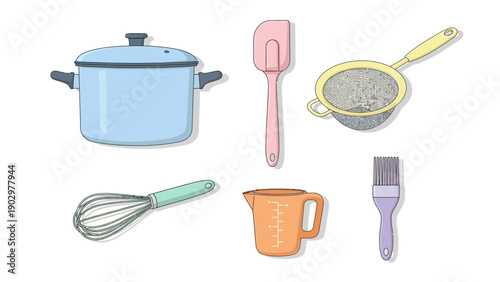 Collection of kitchen utensils and cookware displayed on a clean white background from a straightforward viewpoint