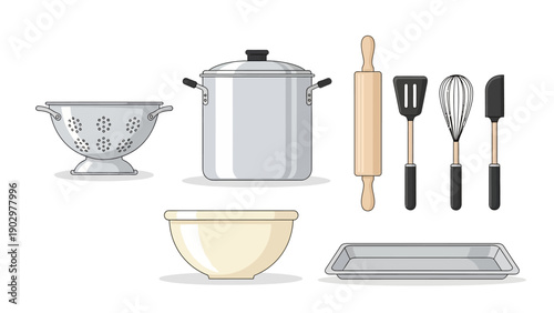 Collection of kitchen utensils and cookware displayed on a clean white background from a straightforward viewpoint