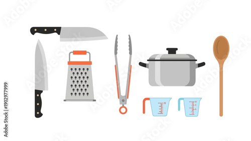 Assorted kitchen utensils and appliances arranged neatly on a clean white surface, viewed from directly above