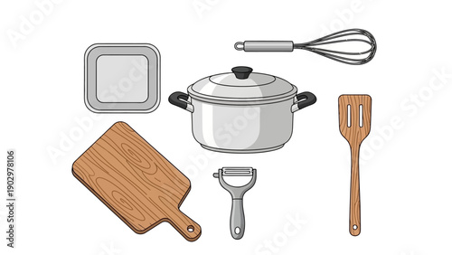 Kitchen utensils and cookware arranged on a clean white background illustrating cooking essentials and culinary tools for meal preparation