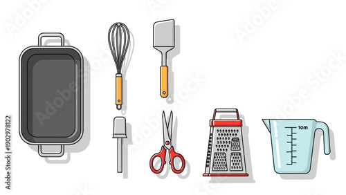 Kitchen utensils and tools arranged neatly on a clean surface, viewed from directly above, showcasing various kitchen essentials for cooking and preparation.