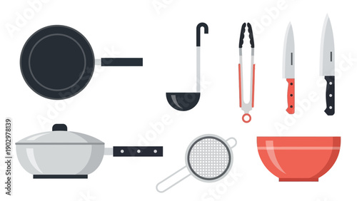 Assorted kitchen utensils and cookware displayed on a clean white background from a straightforward viewpoint