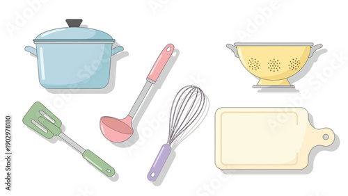 Kitchen Utensils and Cooking Essentials on a Clean White Background from a Direct Viewpoint