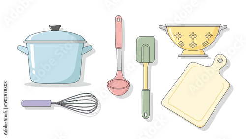 Kitchen utensils and cookware arranged neatly for cooking, including pot, ladle, and cutting board, shown from a straightforward perspective.