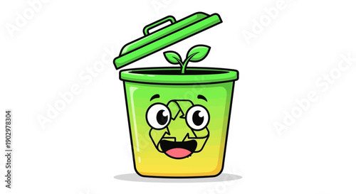 Cheerful recycling bin with a fresh green sprout symbolizing growth and environmental care