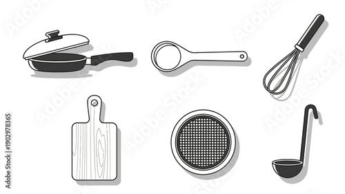 Collection of kitchen utensils and cookware displayed on a clean white background