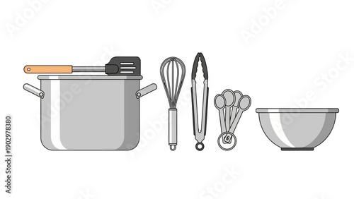 Kitchen utensils and cookware arranged on a clean background showcasing various cooking tools and equipment in a flat illustration style