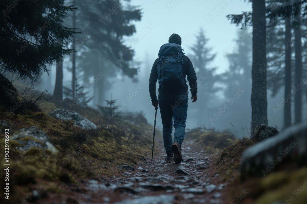 Fototapeta premium Solo Hiker Walks Through Misty Forest Trail
