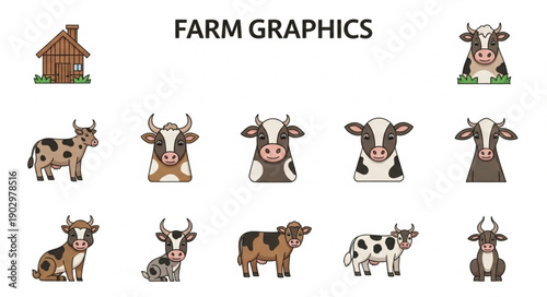 Collection of cartoon farm cow illustrations and barn.