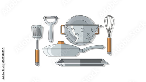 Assorted kitchen utensils and cookware including spatula, whisk, and frying pan arranged on a flat surface viewed from directly above