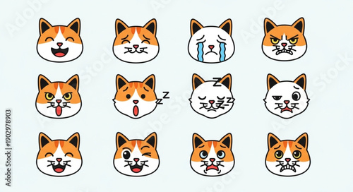 Collection of Cat Faces Expressing Various Emotions and Feelings.