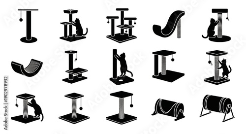 Collection of Cat Scratching Posts and Towers Silhouettes.