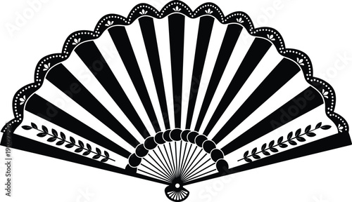 Decorative hand fan silhouette, traditional Spanish or Asian folding fan ornament, vintage culture accessory, elegant festival design, black and white vector illustration