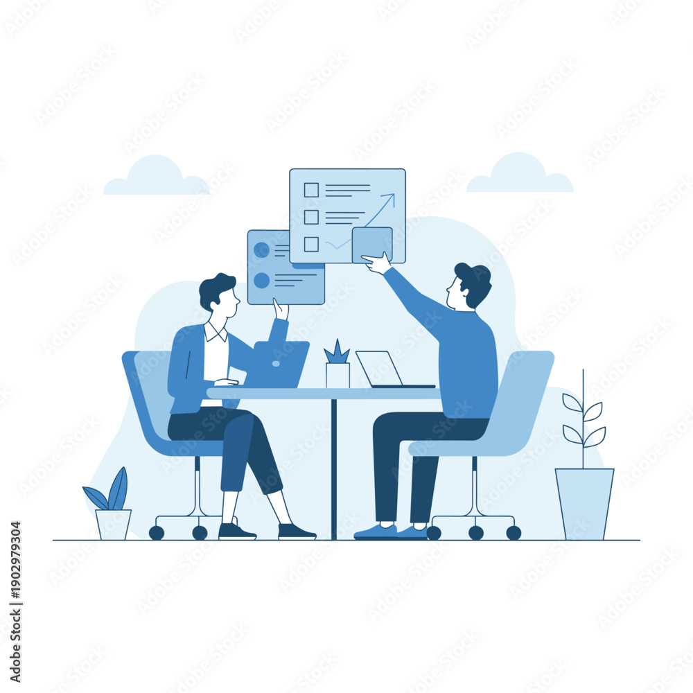 Fototapeta premium Minimal blue tone business meeting illustration with people interacting at office workspace