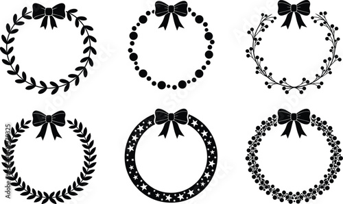 Decorative wreath silhouettes collection, black and white floral circle frames with bows, minimal flat vector illustration for invitations branding holidays