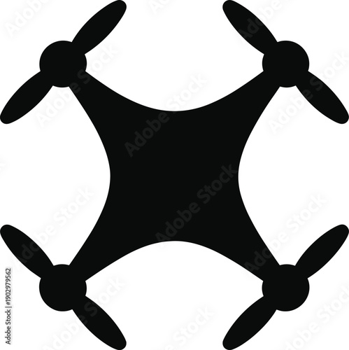 Black Drone Silhouette Vector Icon Featuring Four Propellers in Top View Perspective for Aerial Photography and Modern Technology Graphic Design