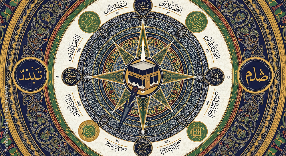 Obraz premium A vibrant Islamic art piece featuring intricate geometric patterns and Arabic calligraphy