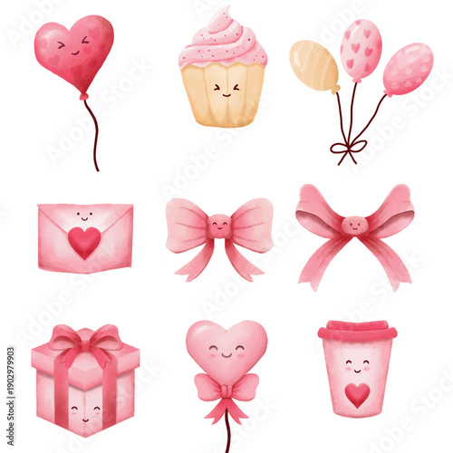 Valentine Illustration Set heart, Love, Balloon, Gift Box, Cake, Bow, Ribbon, Romantic Element Set