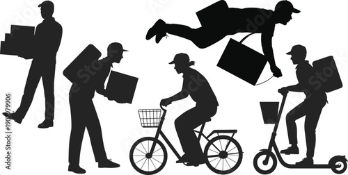 Delivery worker silhouette vector illustration, courier men carrying boxes, riding bicycles, scooters and flying with packages, fast shipping service concept design