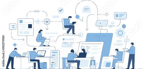 Teamwork collaboration analyzing data and sharing ideas in modern office setting with technology