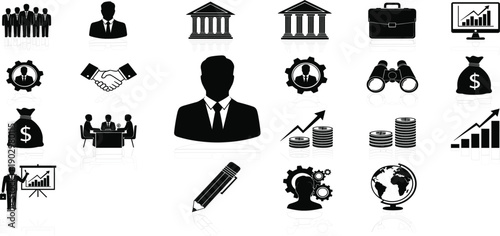 Business and Finance Icon Set with Management, Leadership, Growth Charts, Investment Symbols, Corporate Strategy, and Professional Flat Vector Design