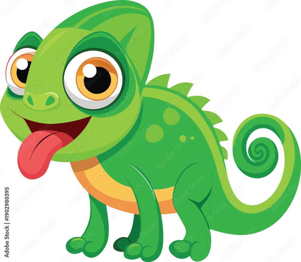 Obraz premium Funny green cartoon chameleon smiling cute vector illustration flat design