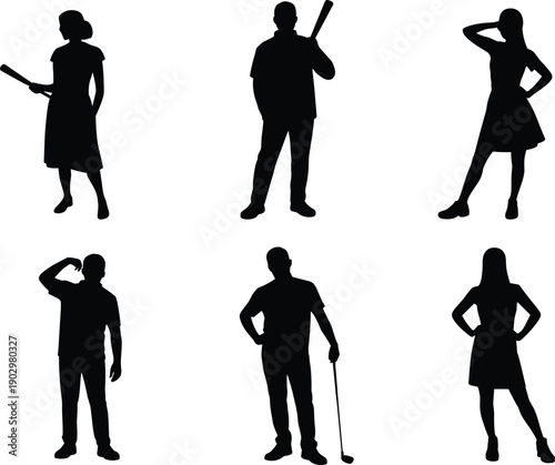 Black Silhouette Set of People in Various Poses Including Baseball Players Golfers and Casual Figures Isolated on White Background for Design