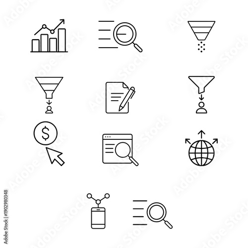 Minimalist Segmented Funnel Icon with Dots for Marketing, Analytics, and Conversion
Minimalist black line segmented funnel icon with three layers and dots at the bottom, symbolizing filtering.
